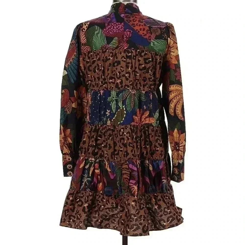 FARM Rio Rio Tiered Mini Dress Long Sleeve Small S Mixed Print Leopard Floral - Picture 5 of 8